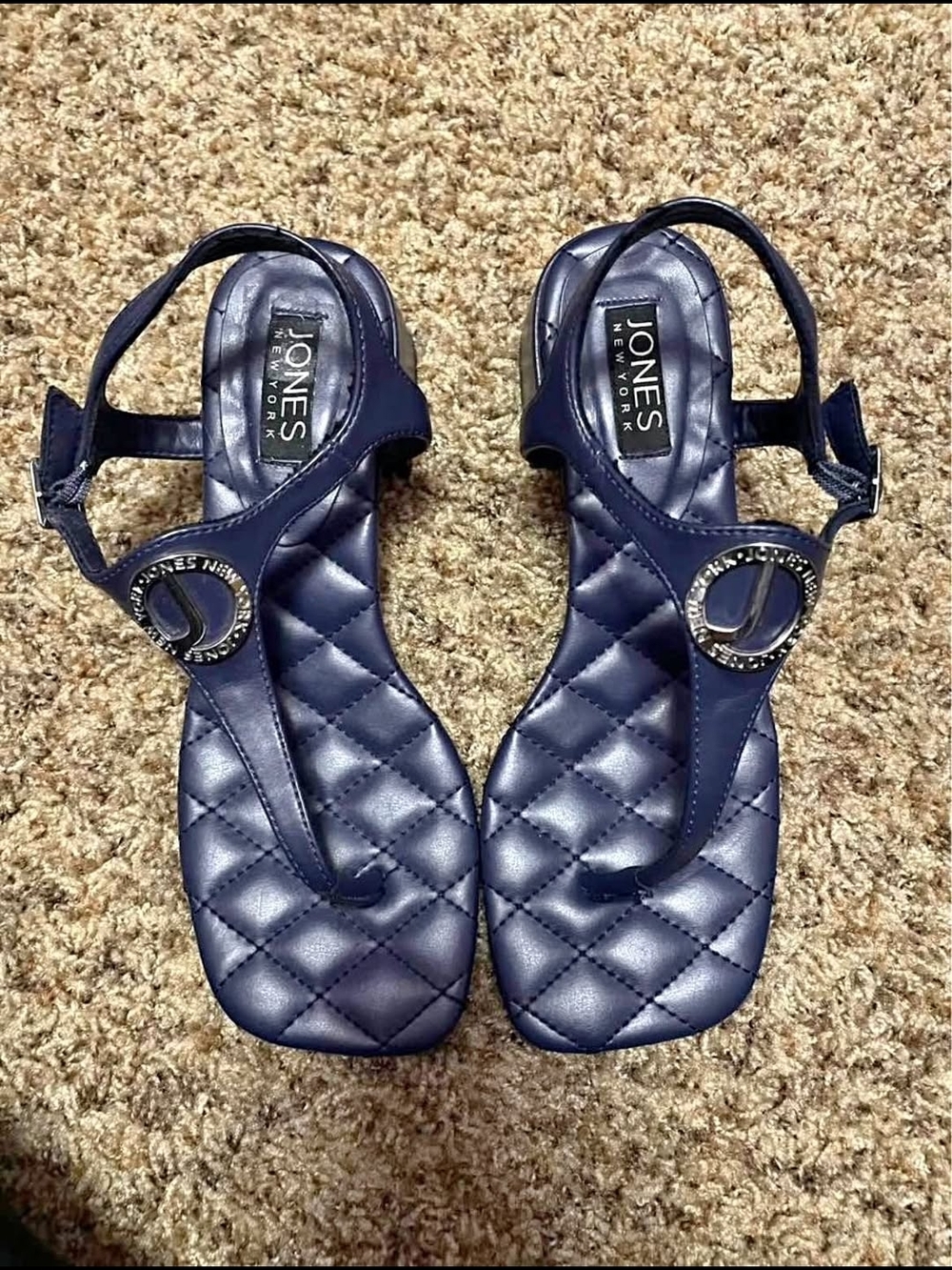 Jones New York Quilted Navy T-Strap Sandals with Logo Accent